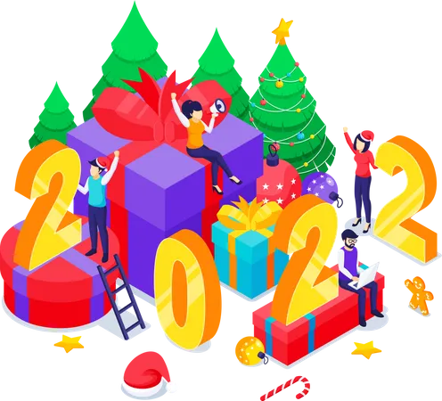 People With Big Gift Boxes And Symbols Of Numbers 2022 Celebrate New Year Happy New Year Design Concept Isometric Vector Illustration Illustration