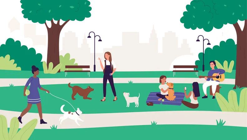 People with pet in park  Illustration
