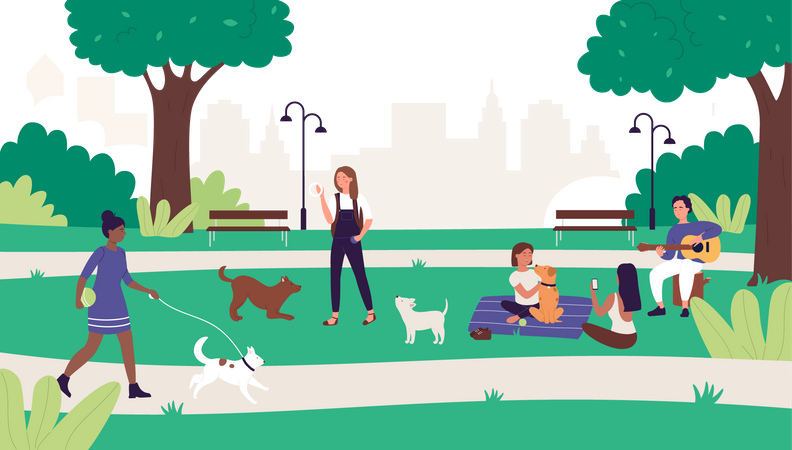 People with pet in park  Illustration