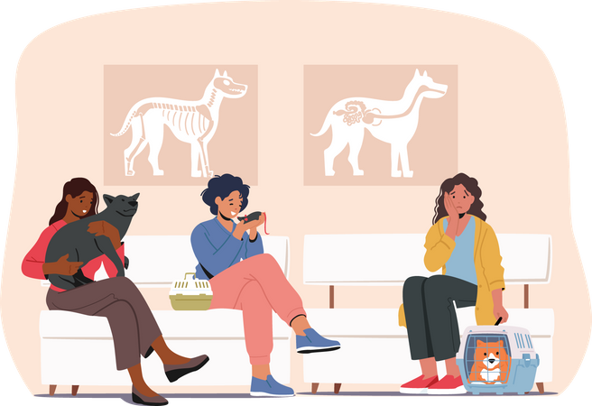 People with pet waiting at veterinary clinic Illustration