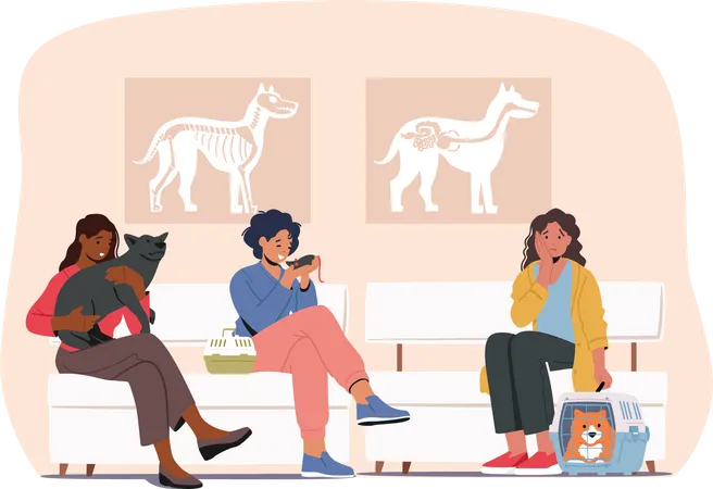 People with pet waiting at veterinary clinic  Illustration