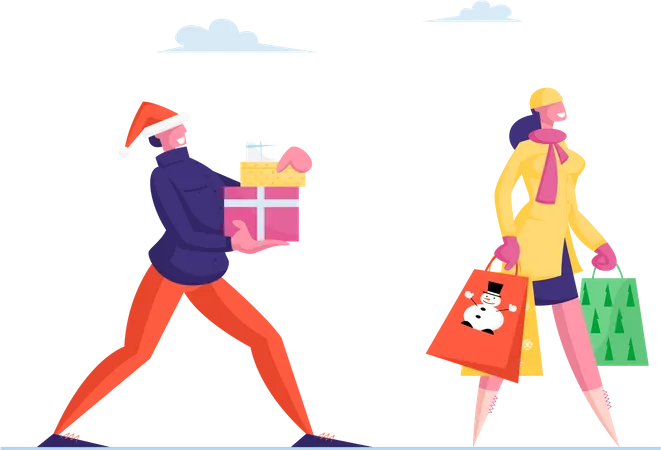 Happy Man In Santa Hat Carry Gift Boxes Wrapped With Bow Woman With Festive Paper Bags People Prepare Presents For Family And Friends On Winter Holidays Celebration Cartoon Flat Vector Illustration Illustration