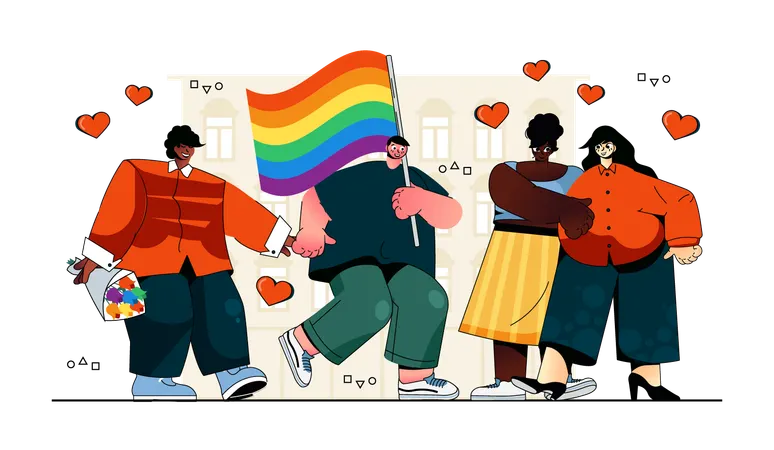 People with rainbow flag at gay pride parade happy multiracial gay and lesbian couples at event Illustration