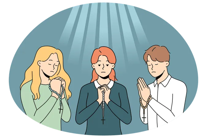 사람들은 묵주를 들고 좋은 운명을 빌며 기도합니다.  일러스트레이션