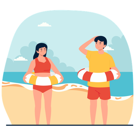People with water tube on beach  Illustration