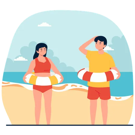 People with water tube on beach  Illustration