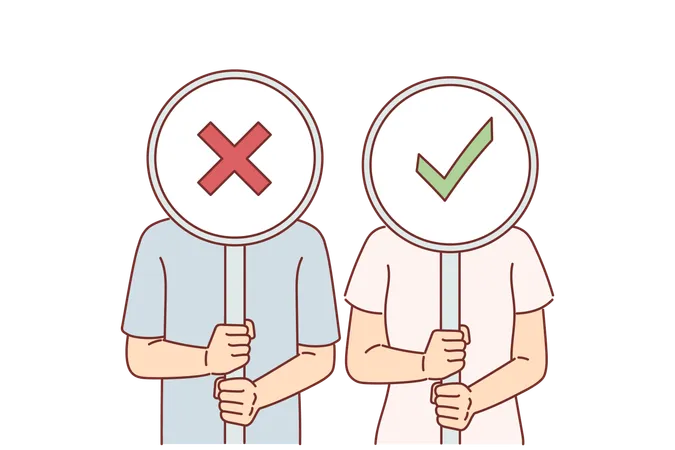 People With Yes And No Signs In Hands Demonstrating Opposite Opinion When Voting Or Participating In Referendum Concept Of Need To Make Decisions And Make Difficult Choice From Two Options Illustration