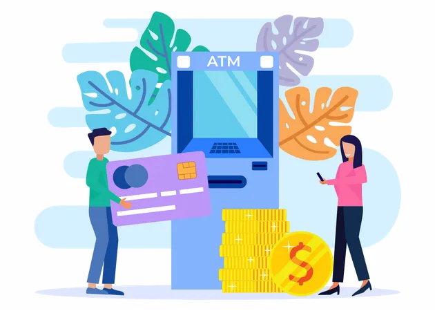 People Withdraw money from machine Illustration