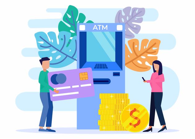 People Withdraw money from machine  Illustration