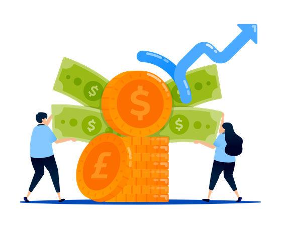 People withdrawing money from piles of investment funds with rising rates  Illustration