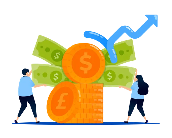 People withdrawing money from piles of investment funds with rising rates  Illustration