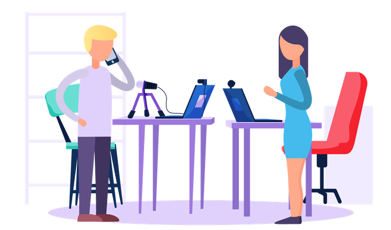 People work and spend time in a recording studio  Illustration