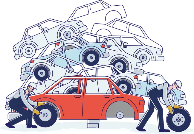 People Work On Junkyard Sorting Old Used Automobiles And Piles Of Damaged Cars  Illustration
