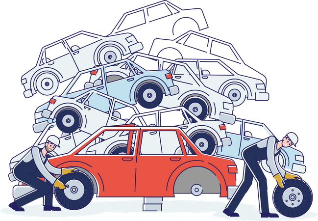 People Work On Junkyard Sorting Old Used Automobiles And Piles Of Damaged Cars  Illustration