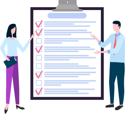 Month Scheduling To Do List Time Management Concept Man And Woman Stand Near To Do List And Discuss Schedule Plan Fulfilled Task Completed Timetable Sheet People Work With Check List Planning Illustration