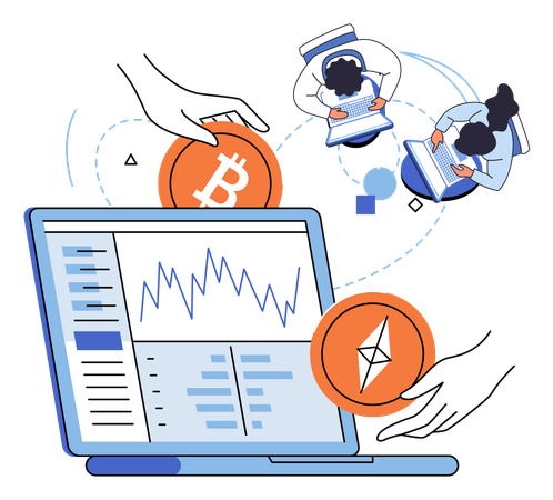 People work with pogram for analyzing digital investment cryptocurrency on laptop  Illustration