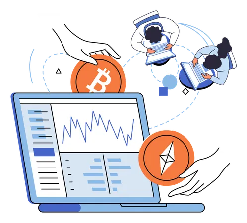 People work with pogram for analyzing digital investment cryptocurrency on laptop  Illustration