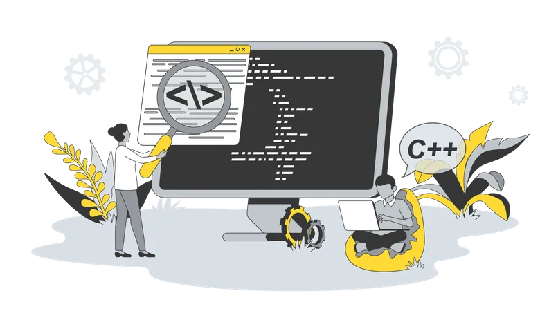 Computer Programming Concept In Flat Design With People Man And Woman Write Code And Scripts Work With Programming Languages Create Software Vector Illustration With Character Scene For Web Banner Illustration