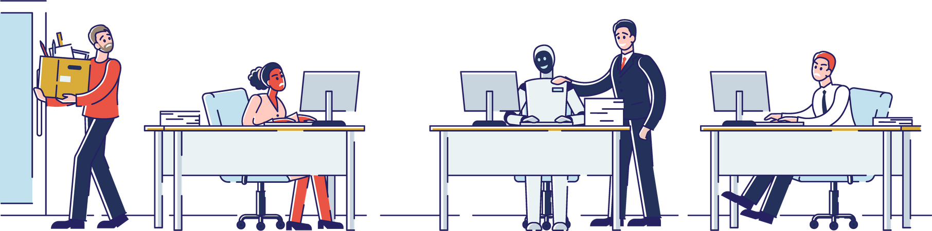 People Work With Robot In Office Illustration