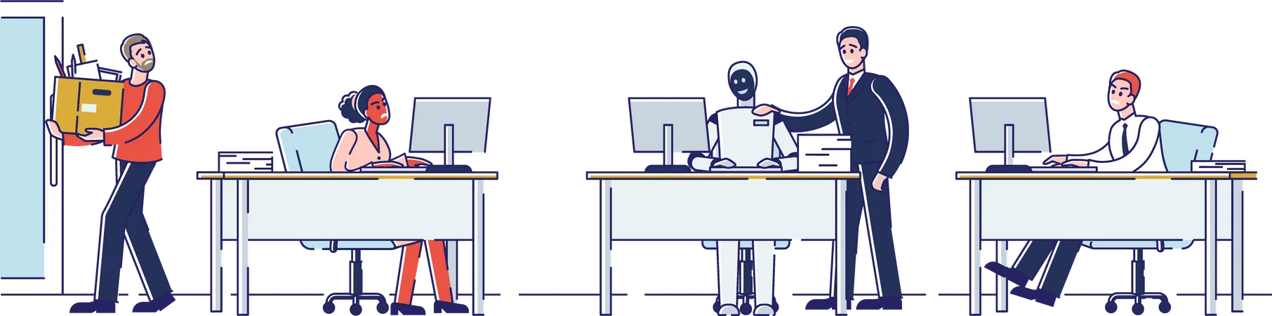 People Work With Robot In Office  Illustration