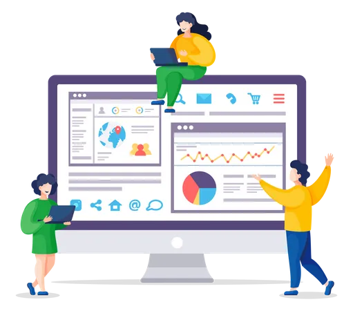 People Work with Webpage Statistic Report Illustration