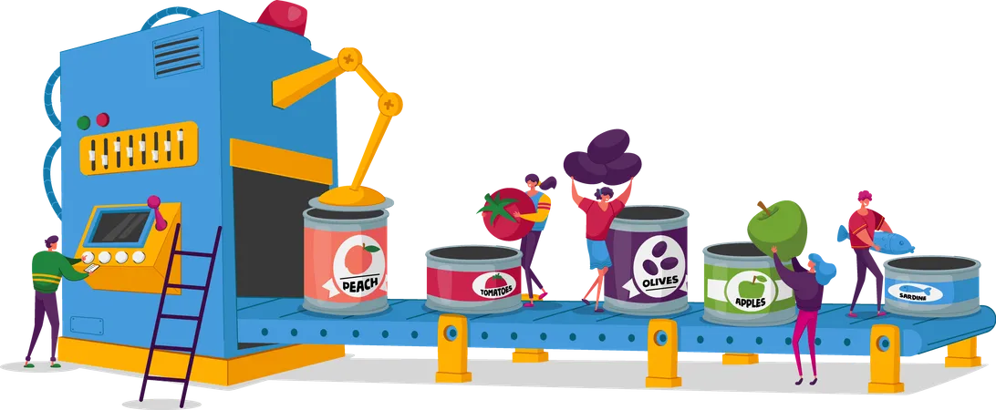 Canning Factory Working Process Canned Fruits And Vegetables Tiny Characters Put Fresh Veggies To Tins On Conveyor Belt Farmers Products Manufacture Industry Cartoon People Vector Illustration Illustration