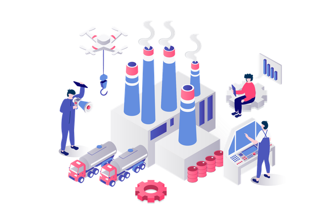 People working at factory infrastructure with chimney pipes  Illustration