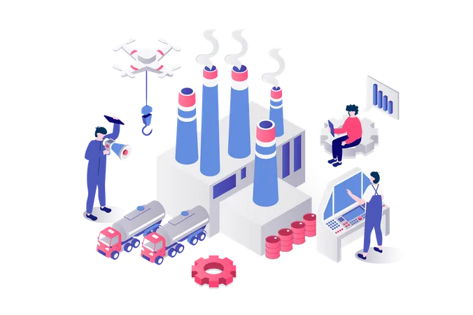 People working at factory infrastructure with chimney pipes  Illustration