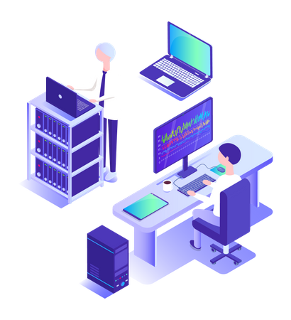 People working at networking room  Illustration
