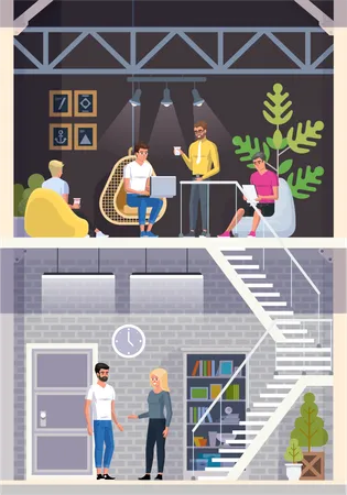 People working at two storey cafe  Illustration