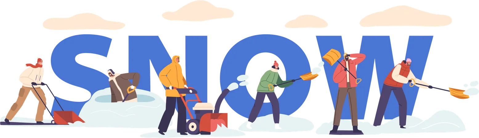 People Working Diligently To Clear Layers Of Snow  Illustration
