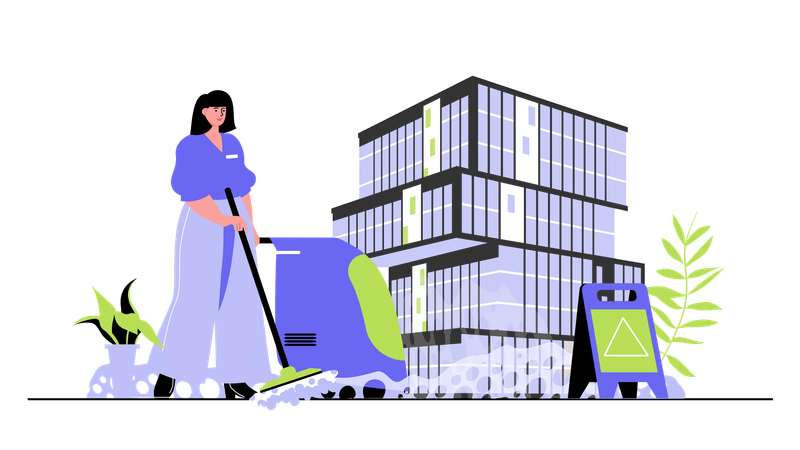 People working in cleaning team woman in uniform with mops housekeeper washing in office  Illustration