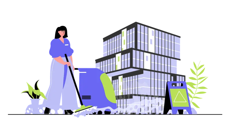 People working in cleaning team woman in uniform with mops housekeeper washing in office  Illustration