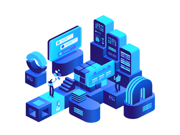 People working in digital money currency mining farm with server racks  Illustration