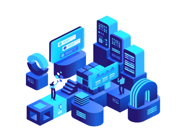 People working in digital money currency mining farm with server racks  Illustration