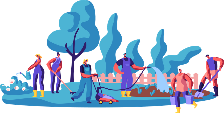 People working in garden and doing gardening activities  Illustration