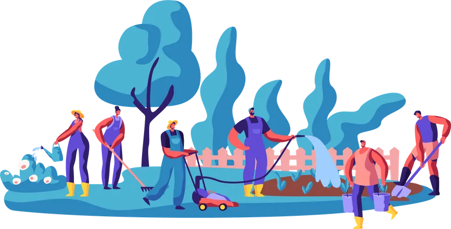 People working in garden and doing gardening activities  Illustration