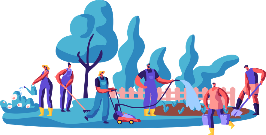 People working in garden and doing gardening activities  Illustration