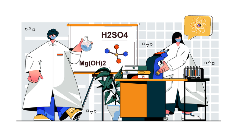 People working in lab scientists making scientific research doing medical tests analyzing flasks  Illustration