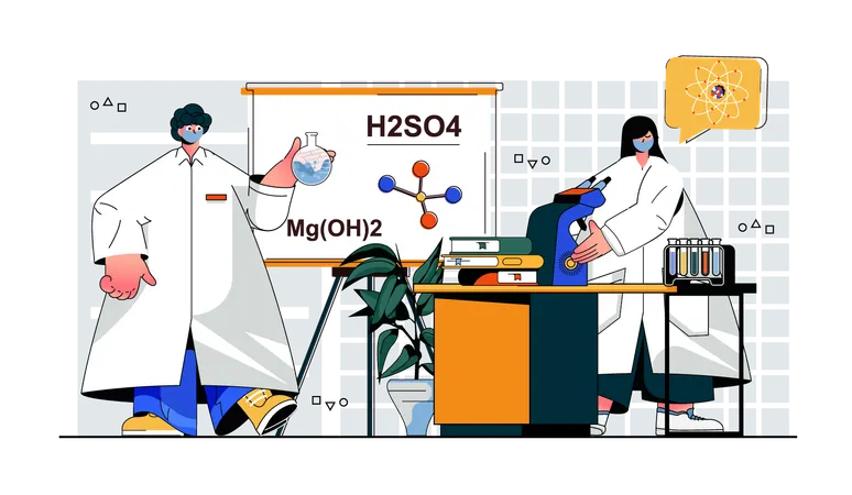 People working in lab scientists making scientific research doing medical tests analyzing flasks  Illustration