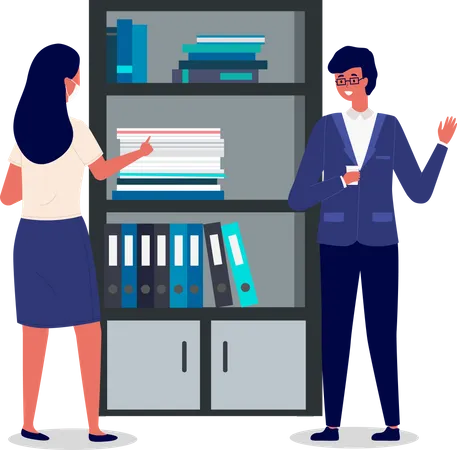 Positive Communication Of Happy Friends Couple Near The Filing Cabinet Isolated On White Background People Work In The Office Together Girl In A Mask Looks At Guy With A Cup Of Coffee In His Hands Illustration