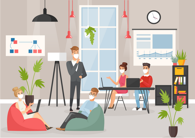 People working in office during covid pandemic  イラスト