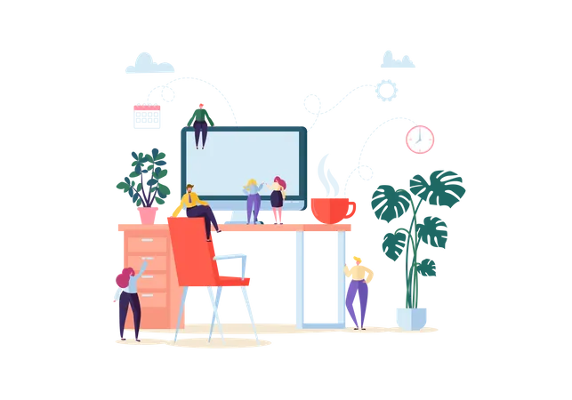 Flat People Characters Working In Office With Computer And Plants Modern Workspace Workplace With Desk And Business People Vector Illustration Illustration
