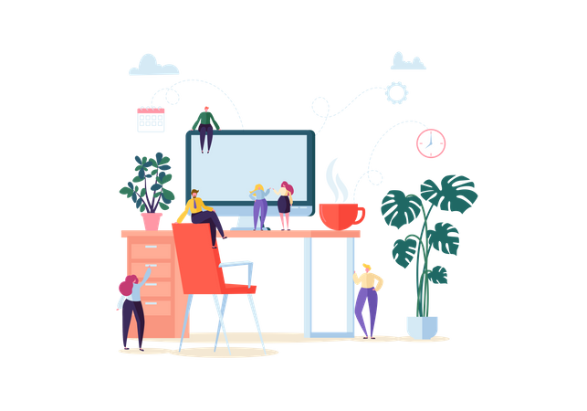 People Working in Office with Computer and Plants  Illustration