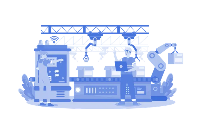 People Working In Robotic Production Line  Illustration