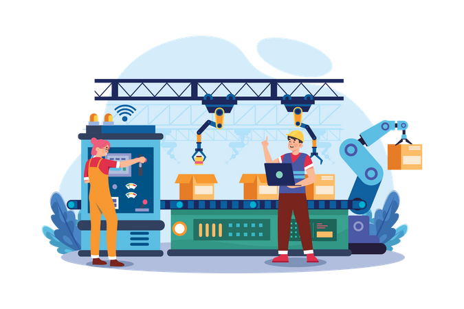 People Working In Robotic Production Line  イラスト