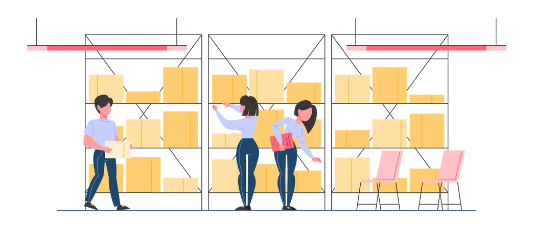 Store Interior Warehouse In A Shop Shelves With Boxes Shop Staff Doing Their Work Vector Illustration In Flat Style Illustration