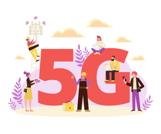 5Gインターネット通信無線サービスに取り組む人々  イラスト