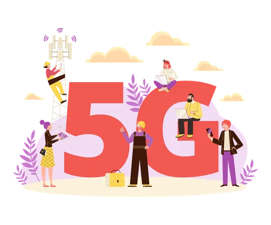5Gインターネット通信無線サービスに取り組む人々  イラスト