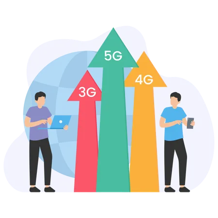 5G 네트워크에서 일하는 사람들  일러스트레이션